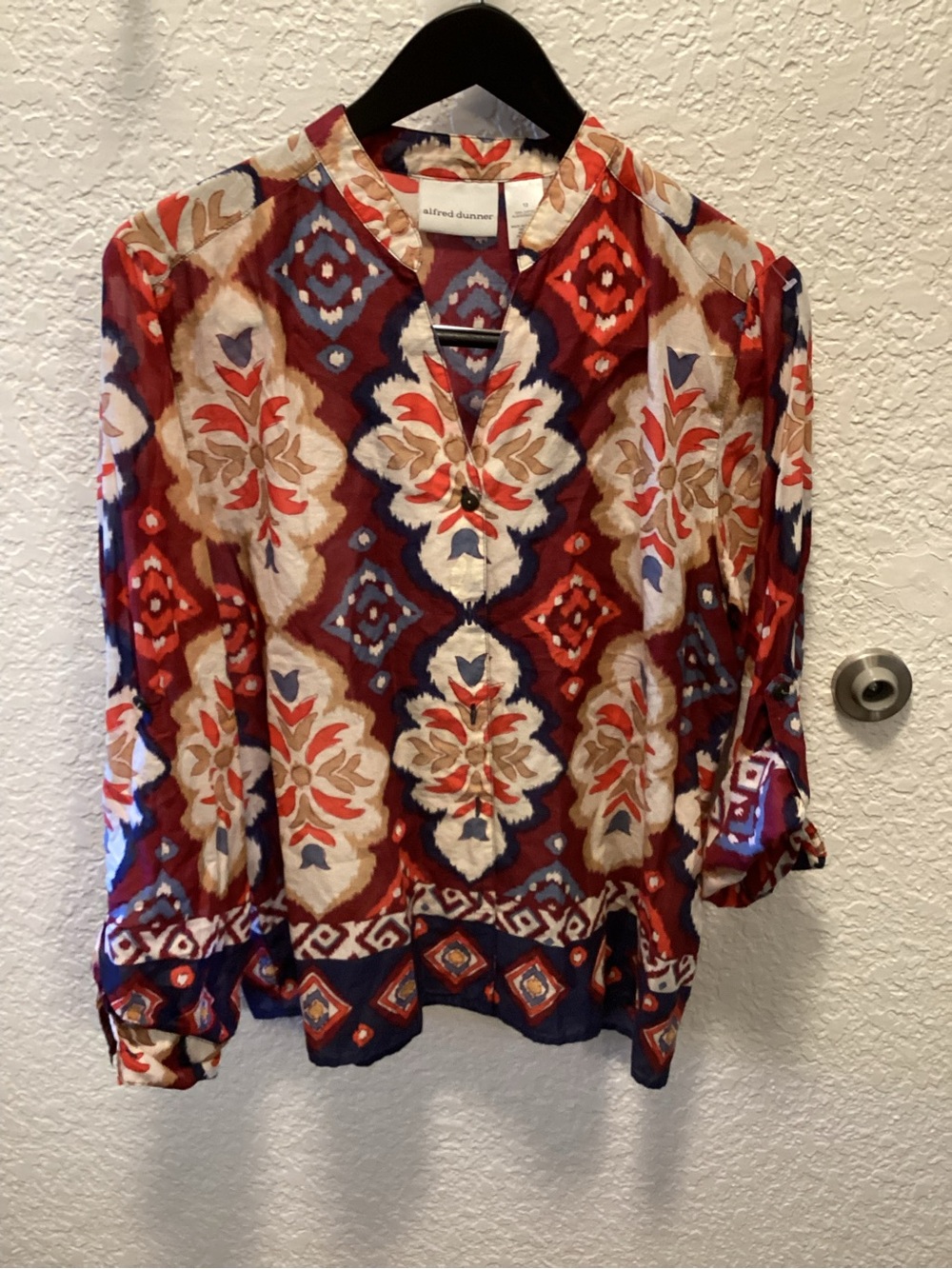 Alfred Dunner Red Multi Printed V-Neck Blouse